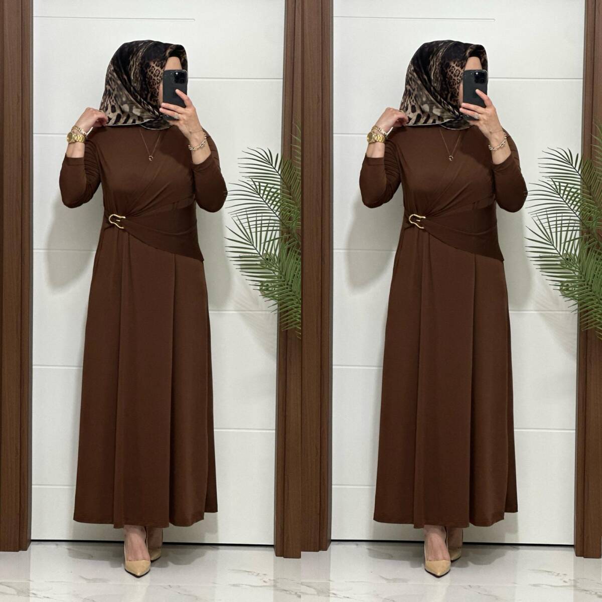 6621 K 170 KAHVE BEL TOKALI SANDY ELBİSE - 3