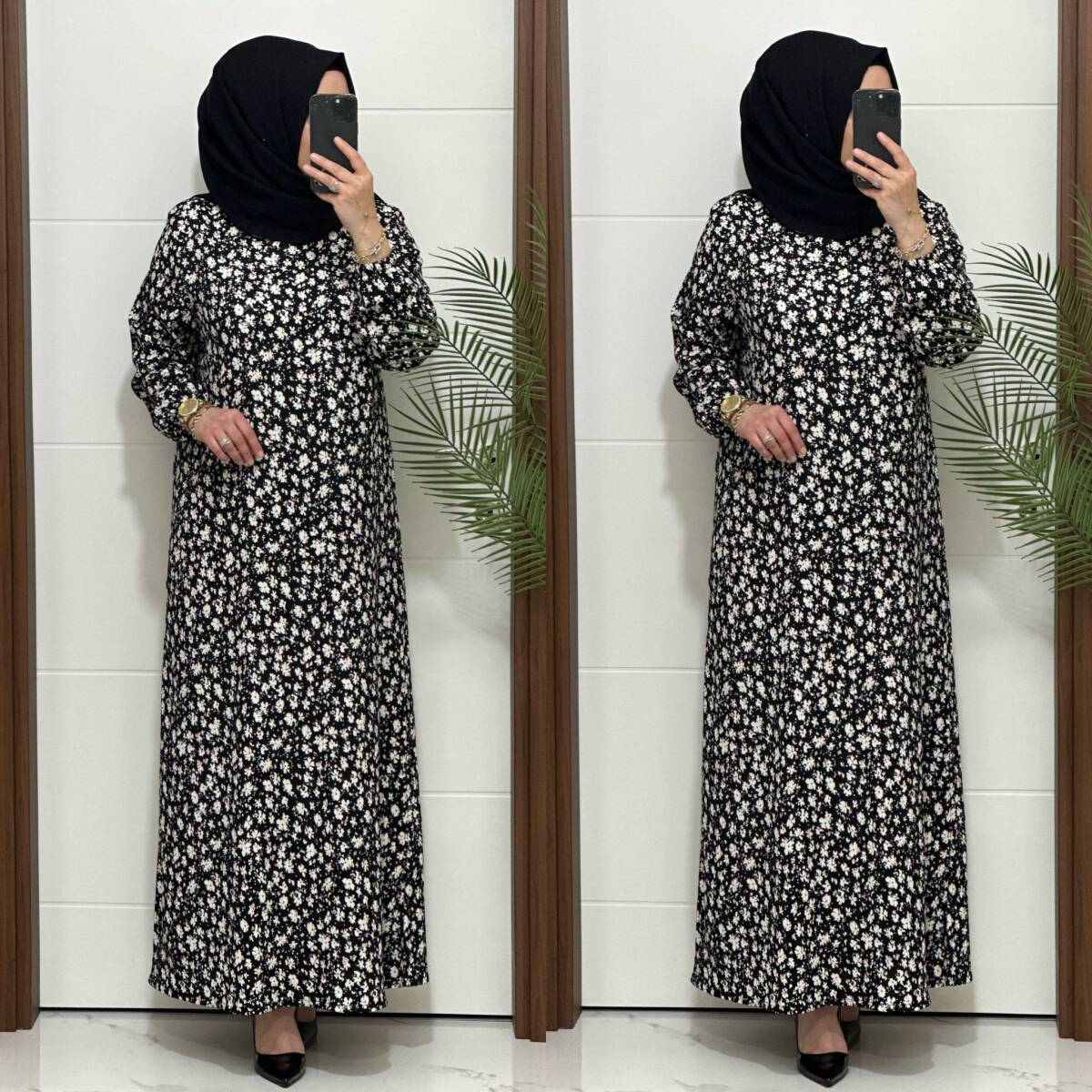 6315 K 80 SİYAH ÇİÇEK DESEN BÜRÜMCÜK ELBİSE - 4