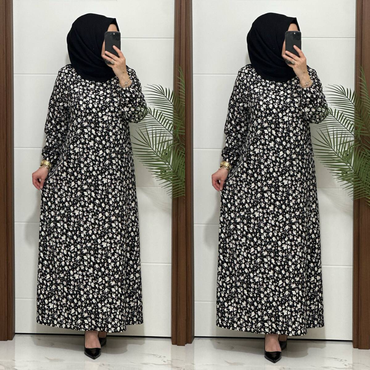 6315 K 80 SİYAH ÇİÇEK DESEN BÜRÜMCÜK ELBİSE - 3