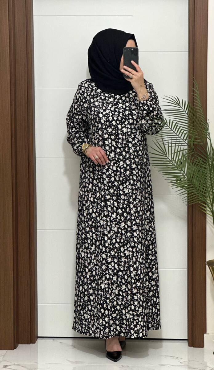 6315 K 80 SİYAH ÇİÇEK DESEN BÜRÜMCÜK ELBİSE - 2