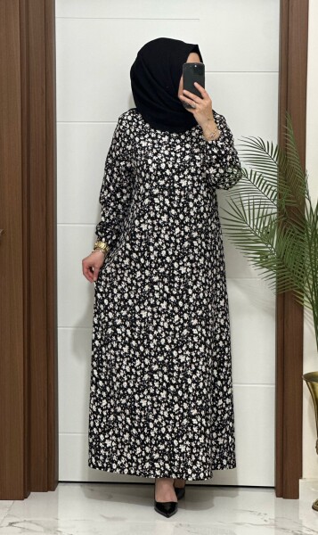 6315 K 80 SİYAH ÇİÇEK DESEN BÜRÜMCÜK ELBİSE - MODA ALMİRA