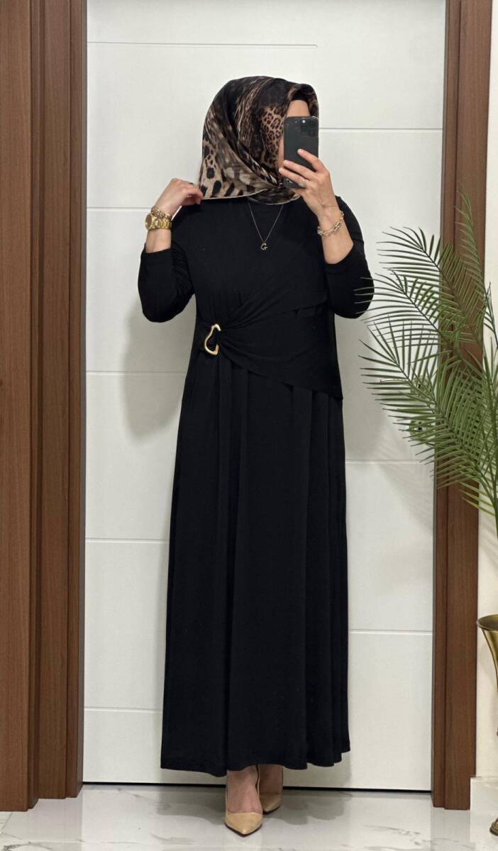 6621 K 170 SİYAH BEL TOKALI SANDY ELBİSE - 2