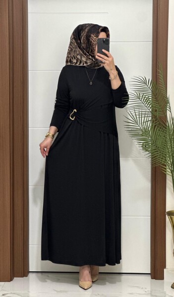 6621 K 170 SİYAH BEL TOKALI SANDY ELBİSE - MODA ALMİRA