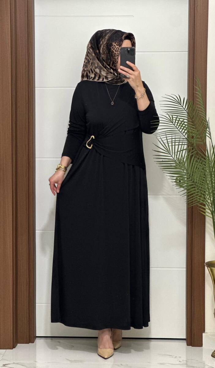 6621 K 170 SİYAH BEL TOKALI SANDY ELBİSE - 1