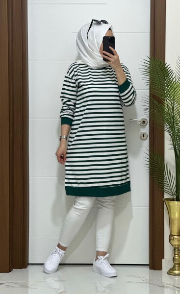 8770 K30 YENİ SEZON ÇİZGİLİ YEŞİL BÜYÜK BEDEN TUNİK - MODA ALMİRA