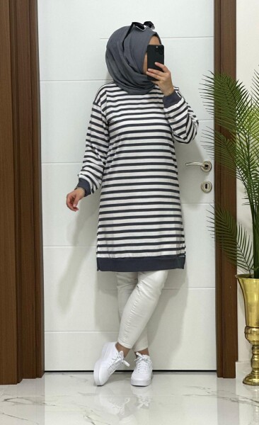 8770 K30 YENİ SEZON ÇİZGİLİ GRİ BÜYÜK BEDEN TUNİK - MODA ALMİRA