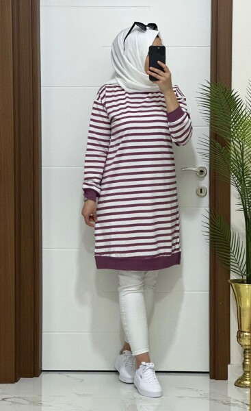 8770 K30 YENİ SEZON ÇİZGİLİ GÜL KURUSU BÜYÜK BEDEN TUNİK - MODA ALMİRA