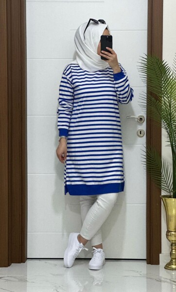 8770 K30 YENİ SEZON ÇİZGİLİ SAKS BÜYÜK BEDEN TUNİK - MODA ALMİRA