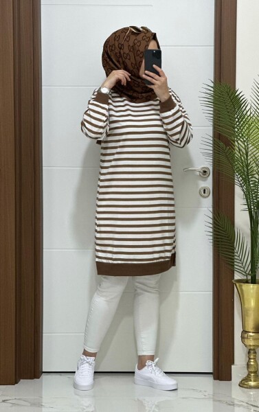 8770 K30 YENİ SEZON ÇİZGİLİ KAHVERENGİ BÜYÜK BEDEN TUNİK - MODA ALMİRA