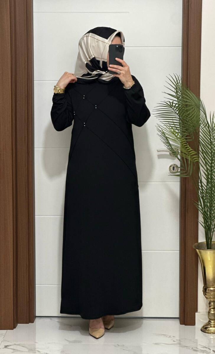 F10 K 80 SİYAH ÇAPRAZ ÇIMALI TAŞLI ELBİSE - 2