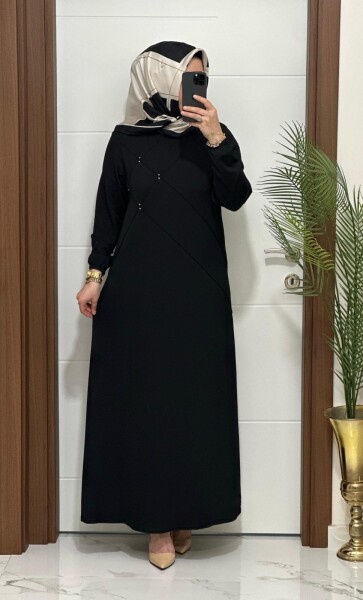 F10 K 80 SİYAH ÇAPRAZ ÇIMALI TAŞLI ELBİSE - MODA ALMİRA