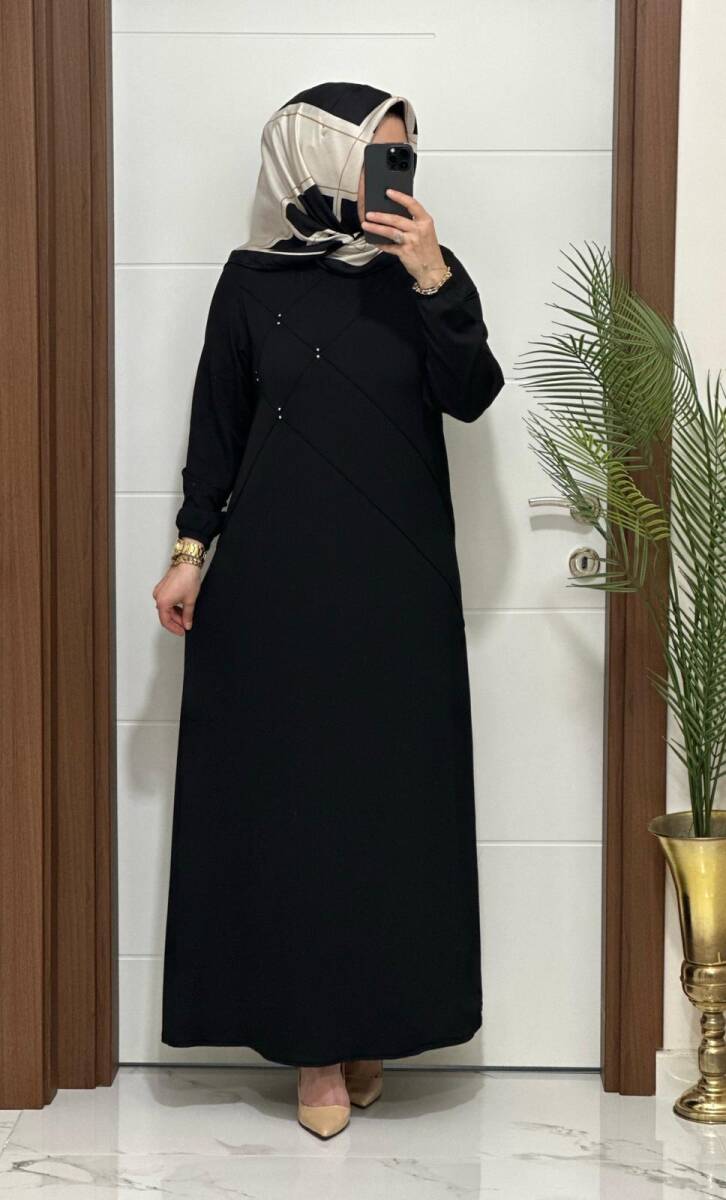 F10 K 80 SİYAH ÇAPRAZ ÇIMALI TAŞLI ELBİSE - 1