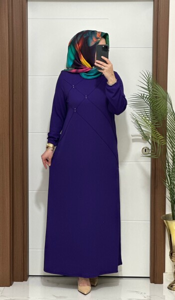 F10 K 80 MOR ÇAPRAZ ÇIMALI TAŞLI ELBİSE - MODA ALMİRA