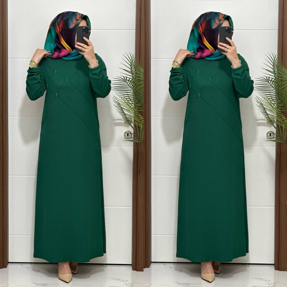 F10 K 80 ZÜMRÜT YEŞİLİ ÇAPRAZ ÇIMALI TAŞLI ELBİSE - 4