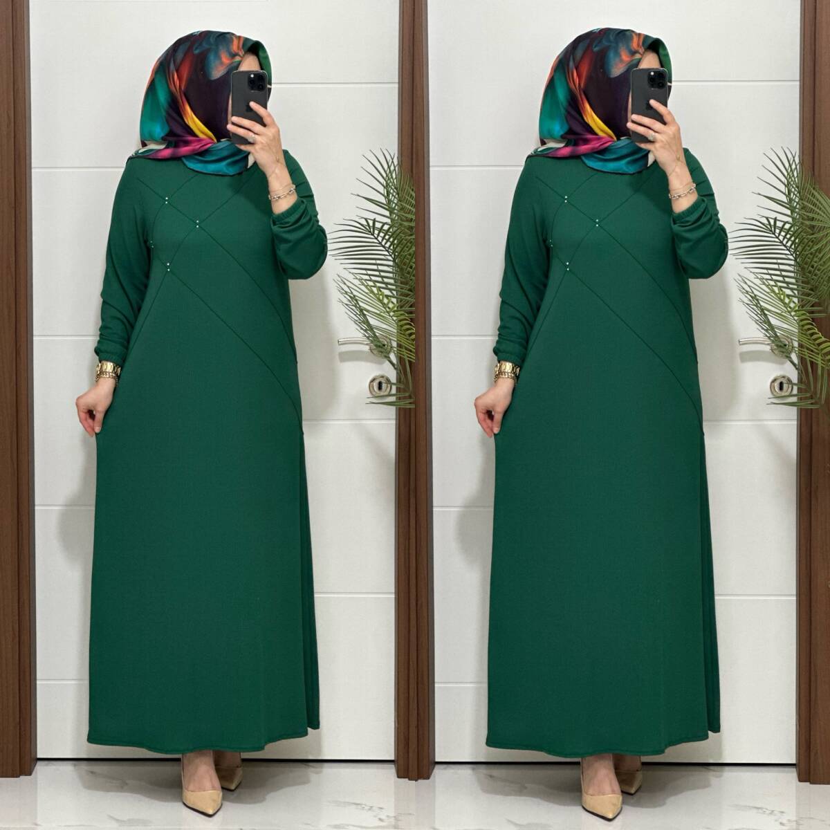 F10 K 80 ZÜMRÜT YEŞİLİ ÇAPRAZ ÇIMALI TAŞLI ELBİSE - 3