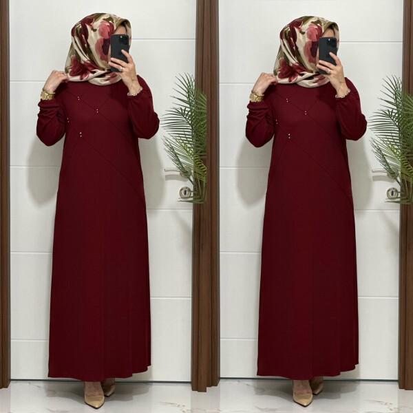 F10 K 80 BORDO ÇAPRAZ ÇIMALI TAŞLI ELBİSE - 4