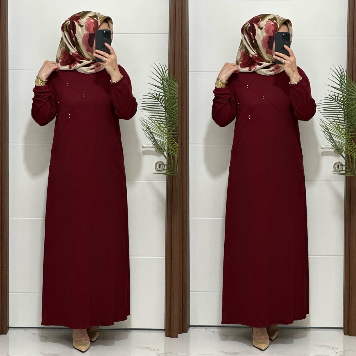 F10 K 80 BORDO ÇAPRAZ ÇIMALI TAŞLI ELBİSE - 4