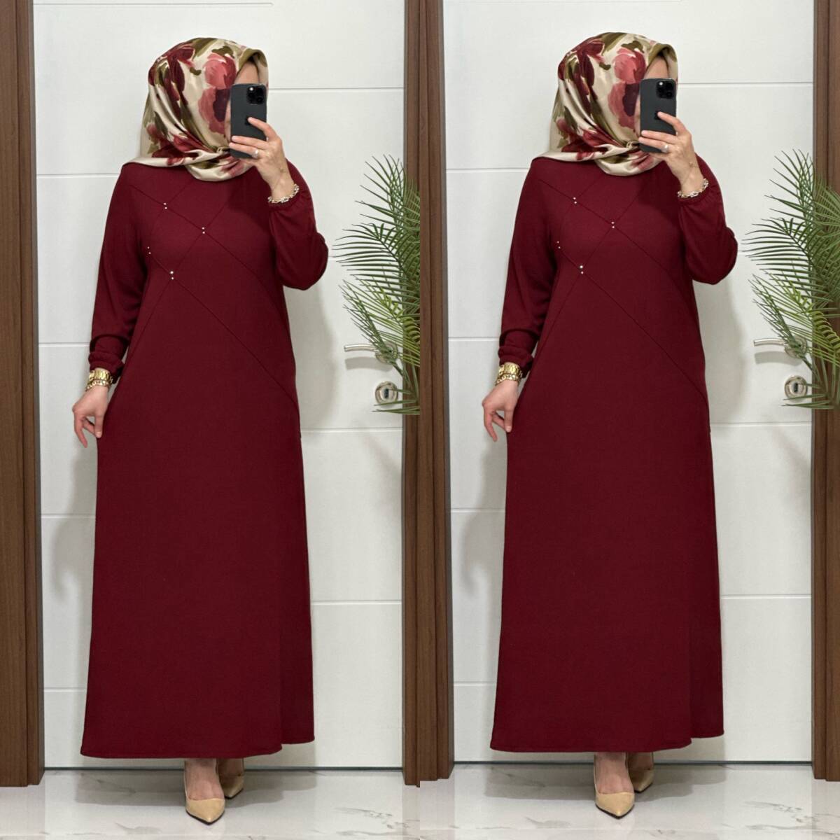 F10 K 80 BORDO ÇAPRAZ ÇIMALI TAŞLI ELBİSE - 3