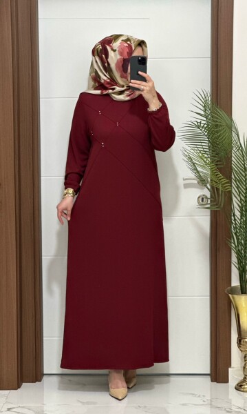 F10 K 80 BORDO ÇAPRAZ ÇIMALI TAŞLI ELBİSE - MODA ALMİRA
