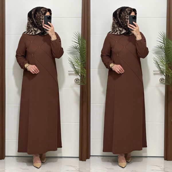 F10 K 80 KAHVERENK ÇAPRAZ ÇIMALI TAŞLI ELBİSE - 4