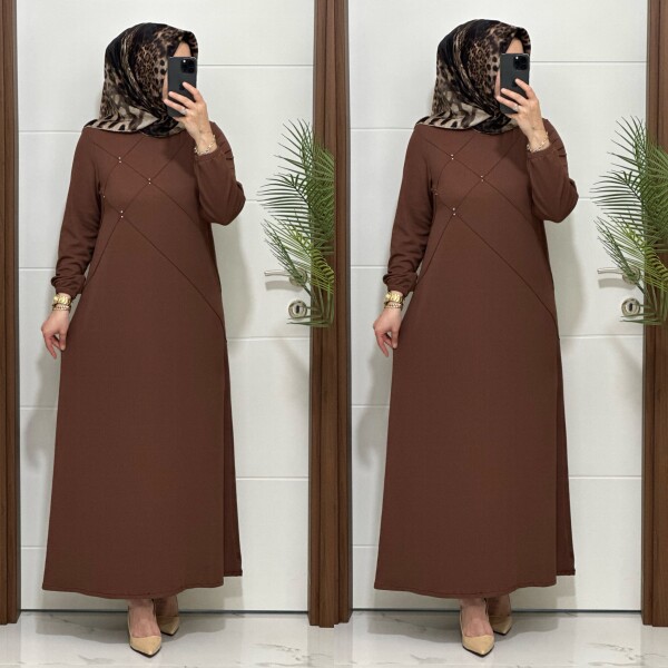 F10 K 80 KAHVERENK ÇAPRAZ ÇIMALI TAŞLI ELBİSE - 3