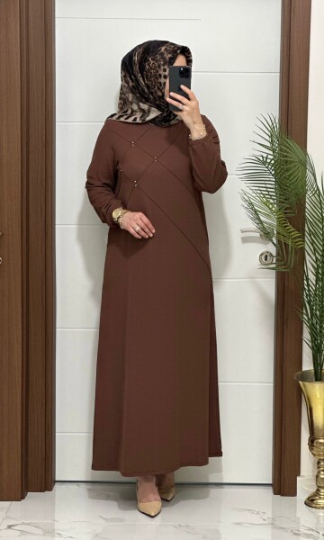 F10 K 80 KAHVERENK ÇAPRAZ ÇIMALI TAŞLI ELBİSE - 2