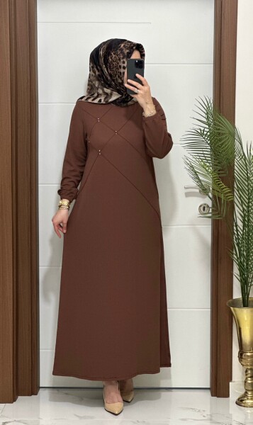 F10 K 80 KAHVERENK ÇAPRAZ ÇIMALI TAŞLI ELBİSE - MODA ALMİRA