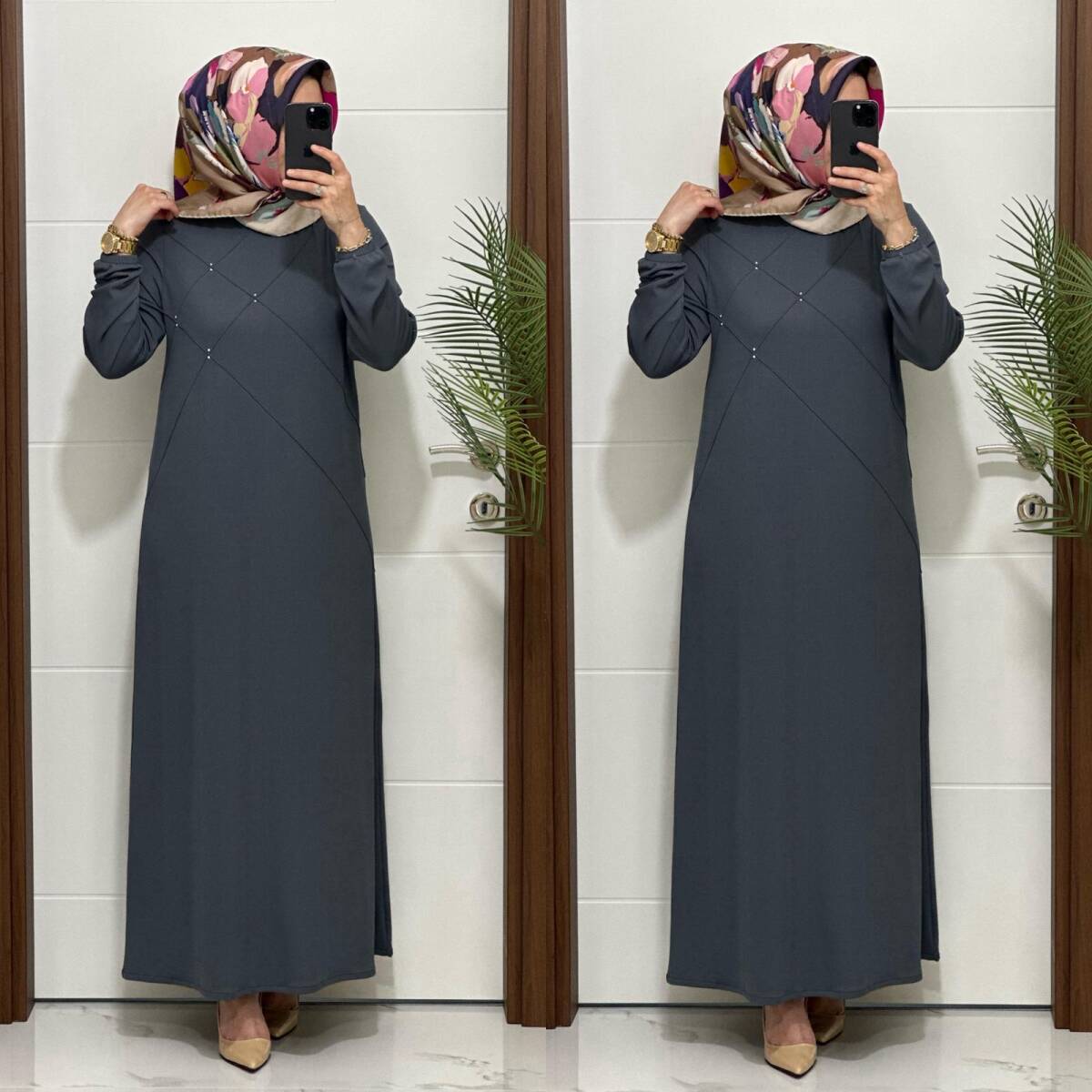 F10 K 80 ANTRASİT ÇAPRAZ ÇIMALI TAŞLI ELBİSE - 3