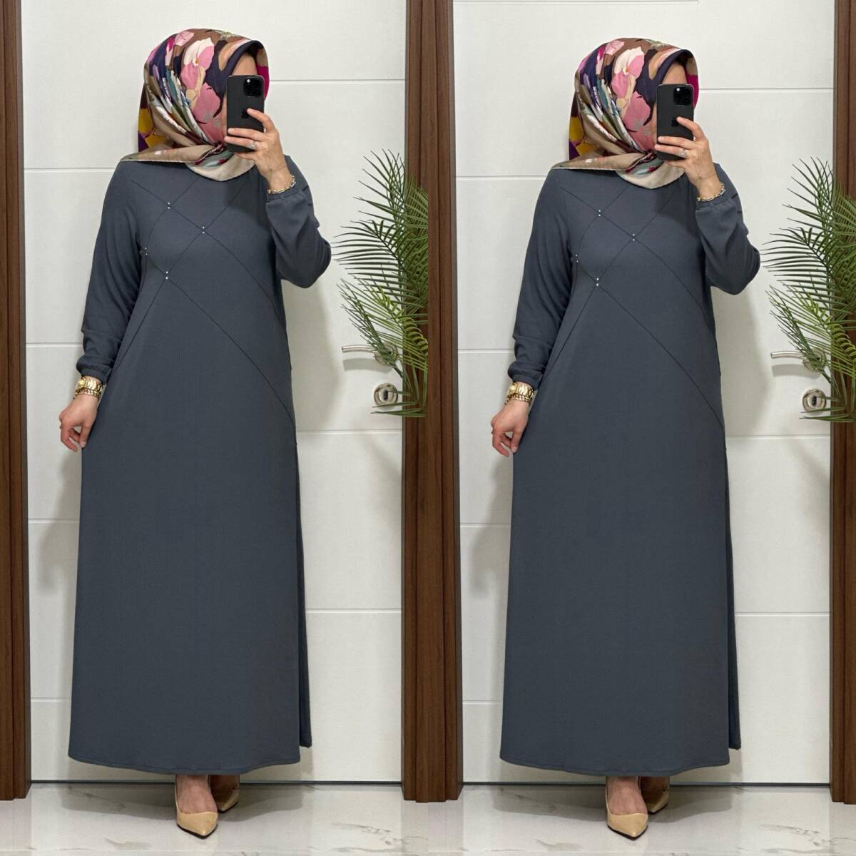 F10 K 80 ANTRASİT ÇAPRAZ ÇIMALI TAŞLI ELBİSE - 4