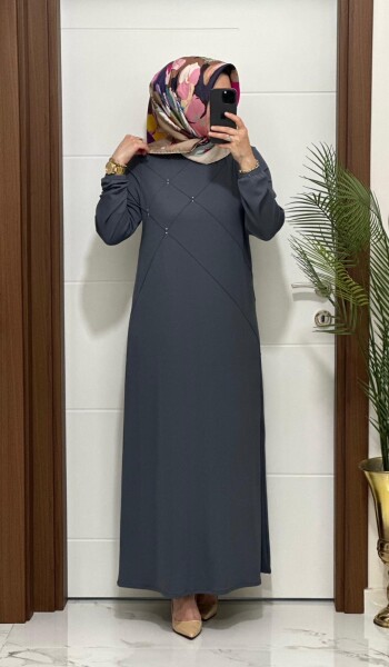 F10 K 80 ANTRASİT ÇAPRAZ ÇIMALI TAŞLI ELBİSE - 2