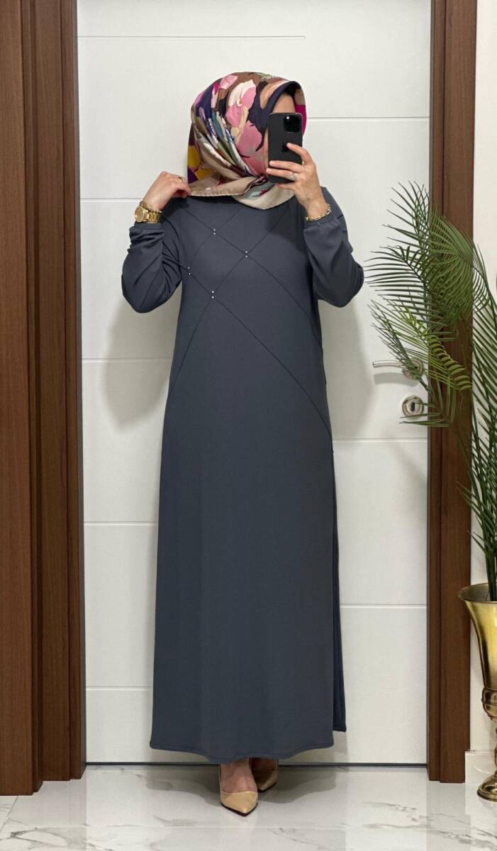 F10 K 80 ANTRASİT ÇAPRAZ ÇIMALI TAŞLI ELBİSE - 2