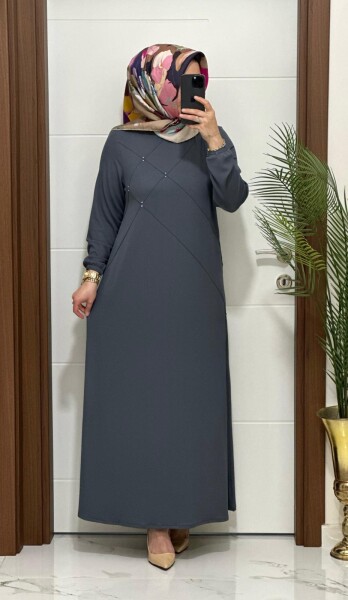 F10 K 80 ANTRASİT ÇAPRAZ ÇIMALI TAŞLI ELBİSE - MODA ALMİRA