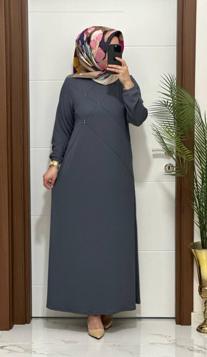 F10 K 80 ANTRASİT ÇAPRAZ ÇIMALI TAŞLI ELBİSE - 1