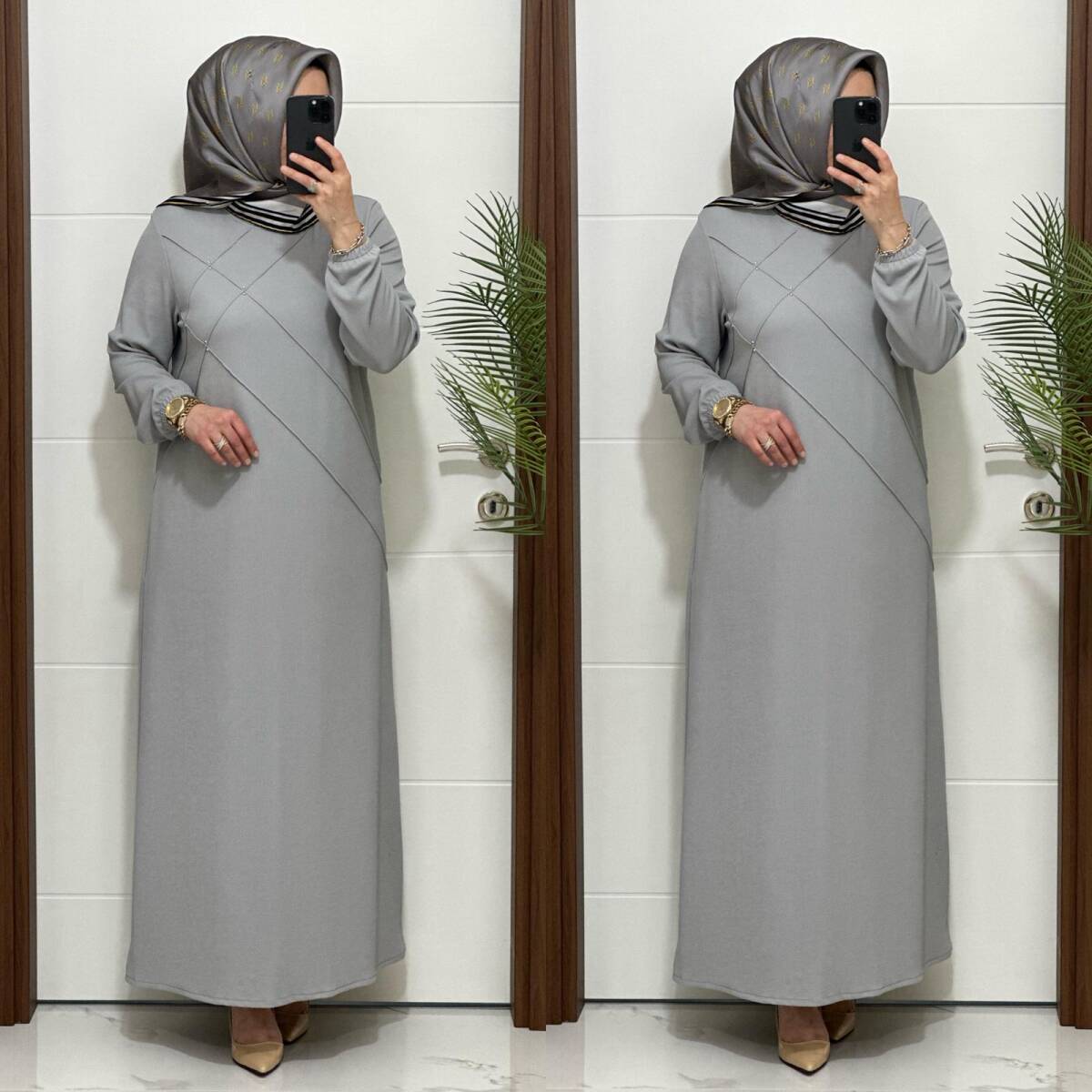 F10 K 80 GRİ ÇAPRAZ ÇIMALI TAŞLI ELBİSE - 3