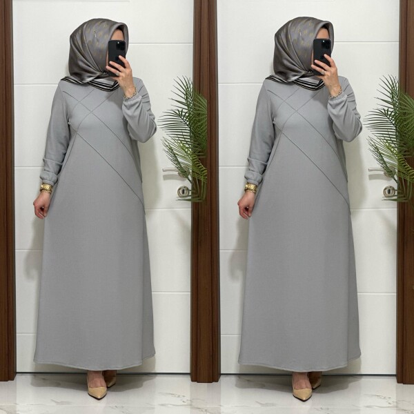 F10 K 80 GRİ ÇAPRAZ ÇIMALI TAŞLI ELBİSE - 4