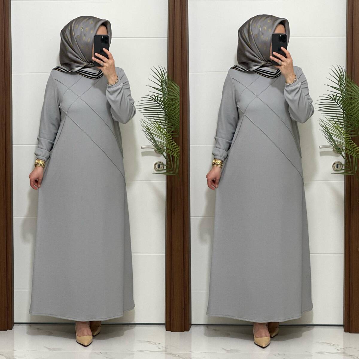 F10 K 80 GRİ ÇAPRAZ ÇIMALI TAŞLI ELBİSE - 4