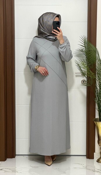 F10 K 80 GRİ ÇAPRAZ ÇIMALI TAŞLI ELBİSE - 2