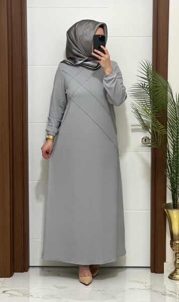 F10 K 80 GRİ ÇAPRAZ ÇIMALI TAŞLI ELBİSE - MODA ALMİRA