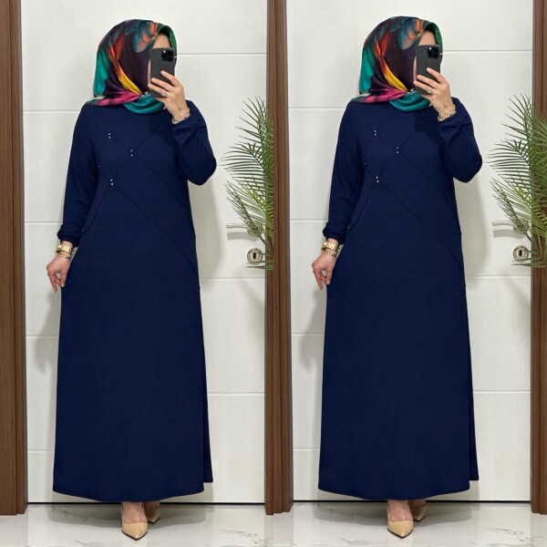 F10 K 80 LACİVERT ÇAPRAZ ÇIMALI TAŞLI ELBİSE - 4