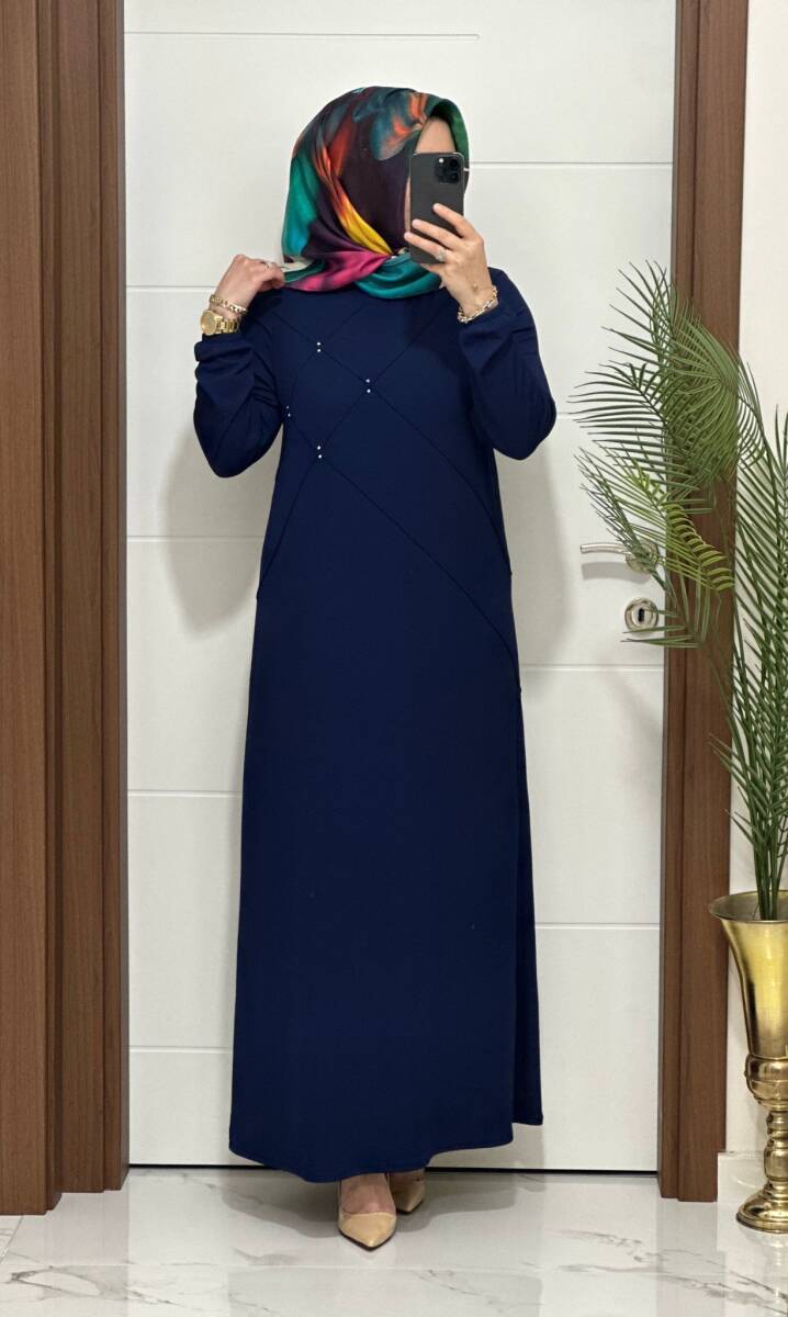 F10 K 80 LACİVERT ÇAPRAZ ÇIMALI TAŞLI ELBİSE - 2