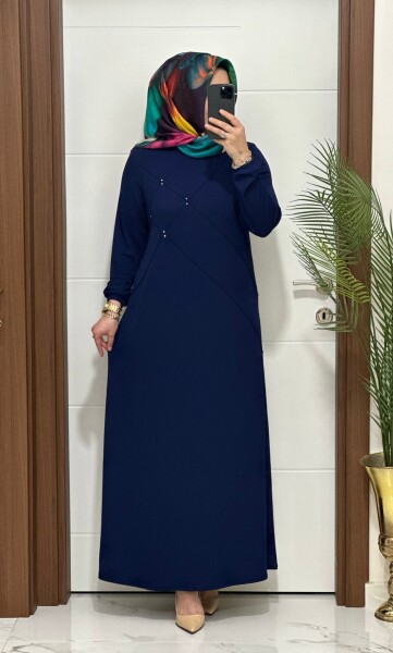 F10 K 80 LACİVERT ÇAPRAZ ÇIMALI TAŞLI ELBİSE - MODA ALMİRA