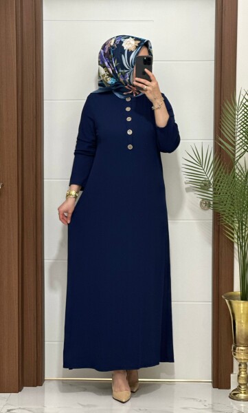 F12 K 80 LACİVERT ÖNÜ DÜGMELİ DİLARA ELBİSE - MODA ALMİRA