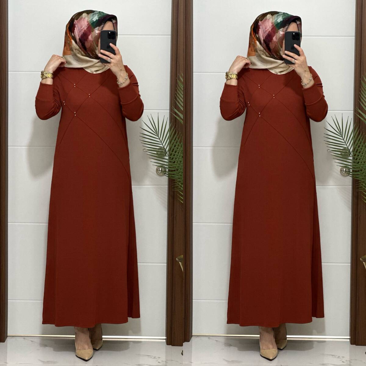 F10 K 80 KİREMİT ÇAPRAZ ÇIMALI TAŞLI ELBİSE - 3