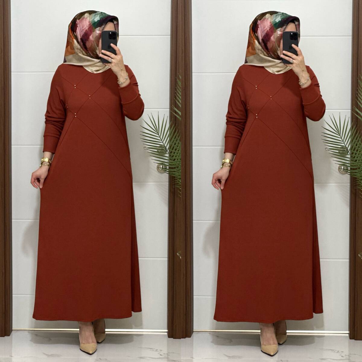 F10 K 80 KİREMİT ÇAPRAZ ÇIMALI TAŞLI ELBİSE - 2