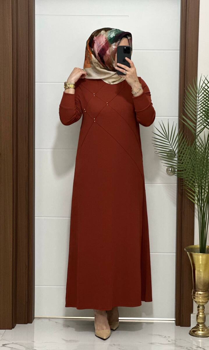 F10 K 80 KİREMİT ÇAPRAZ ÇIMALI TAŞLI ELBİSE - 4