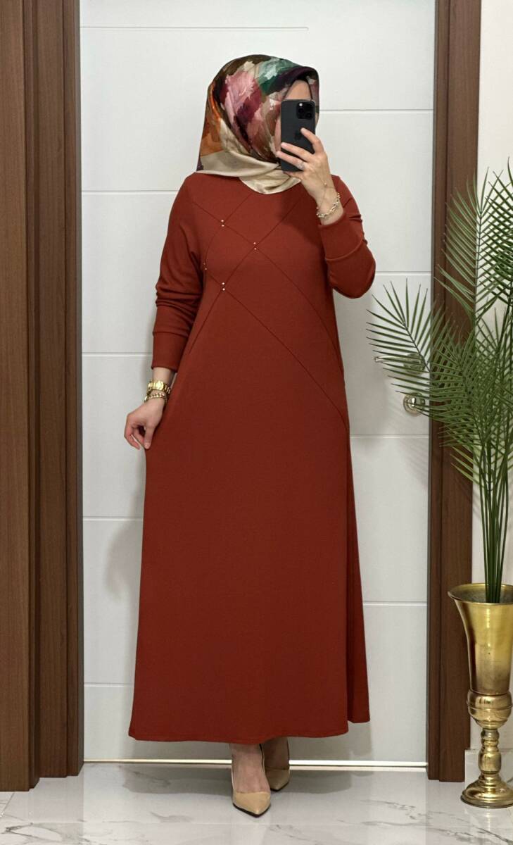 F10 K 80 KİREMİT ÇAPRAZ ÇIMALI TAŞLI ELBİSE - 1