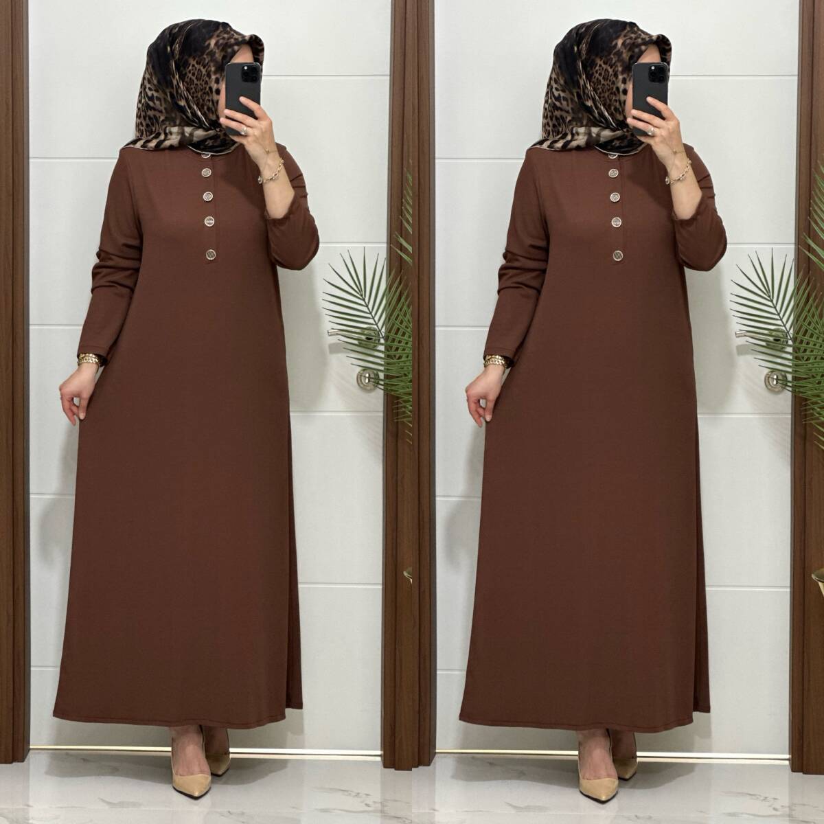 F12 K 80 KAHVERENGİ ÖNÜ DÜGMELİ DİLARA ELBİSE - 3