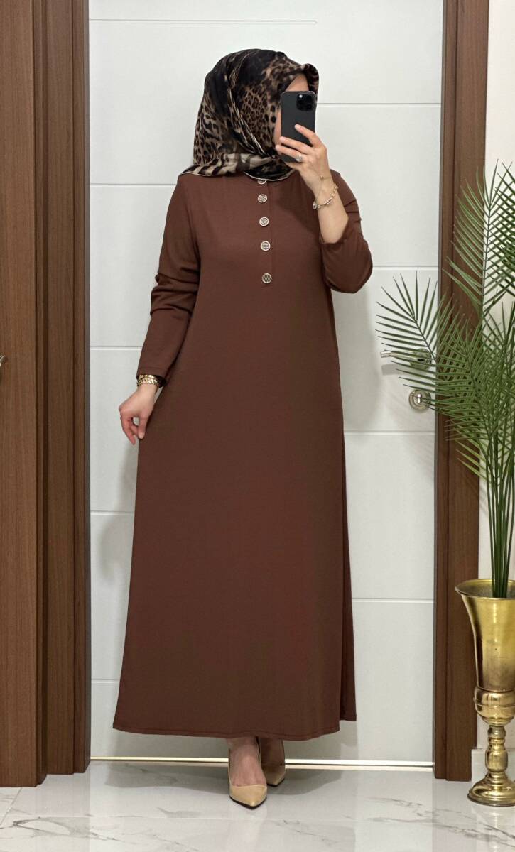 F12 K 80 KAHVERENGİ ÖNÜ DÜGMELİ DİLARA ELBİSE - 1