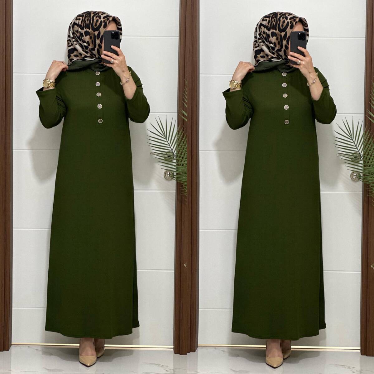 F12 K 80 HAKİ ÖNÜ DÜGMELİ DİLARA ELBİSE - 4