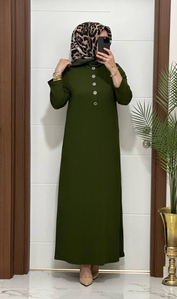 F12 K 80 HAKİ ÖNÜ DÜGMELİ DİLARA ELBİSE - 2